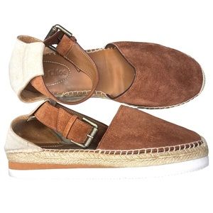 See By CHLOE Glyn Brown/Beige
Suede Ankle Strap Low Wedge Espadrilles SZ 37
